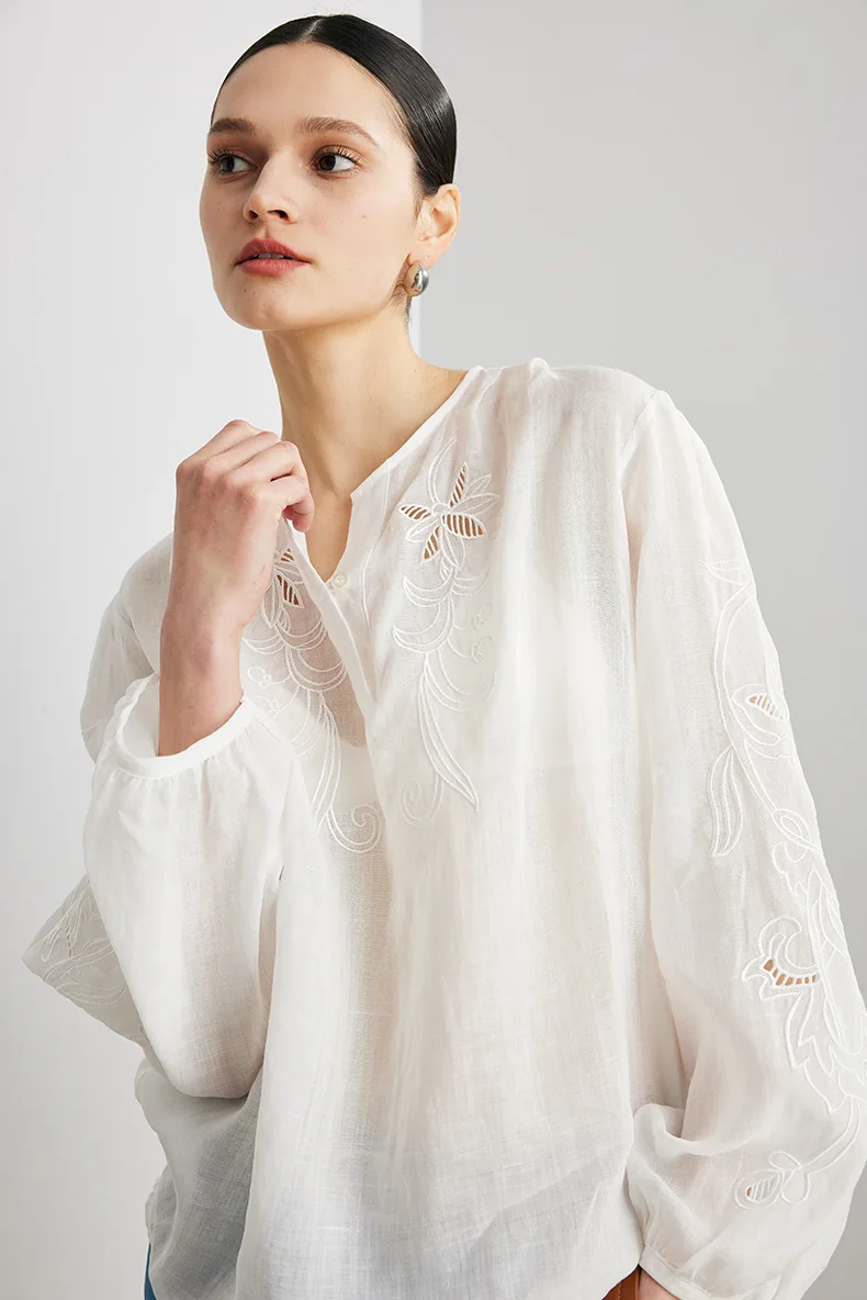 

Элегантная блузка BirdTree из 100% рами, с длинным рукавом, вышивкой и круглым вырезом, женская свободная блузка во французском стиле, новинка весны 2026, T63861CC