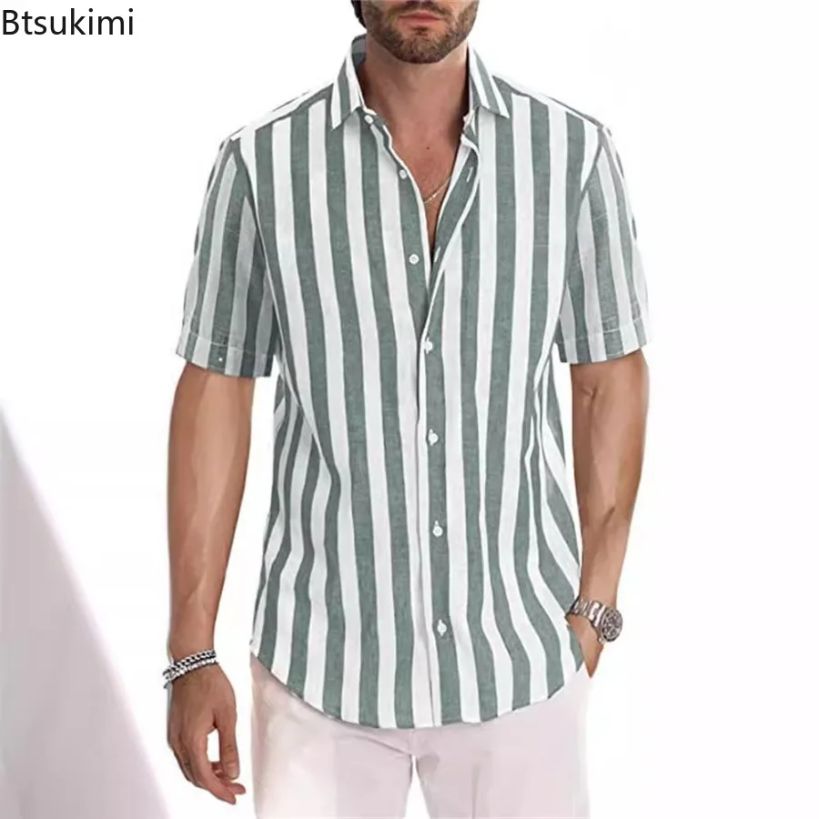 Mode Nieuwe Zomer Gestreepte Shirt Met Korte Mouwen, Ademende Casual Strandblouse Overlap Met Knopen En Veelzijdig Overhemd Voor Heren