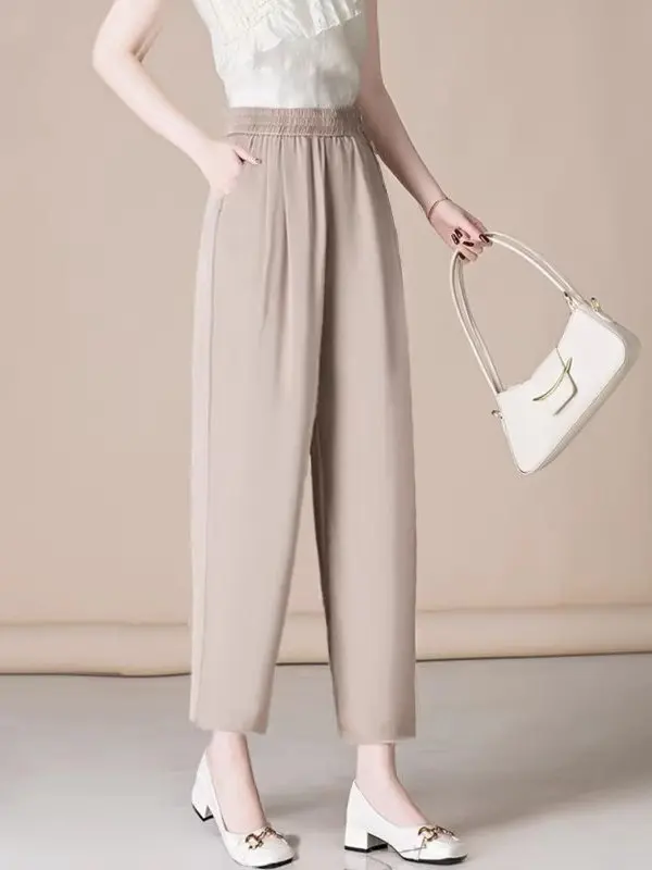 Pantalon sarouel plissé en soie glacée pour femmes, décontracté, fin, amincissant, petite taille, neuf Points, taille haute, coupe ample, nouvelle collection été