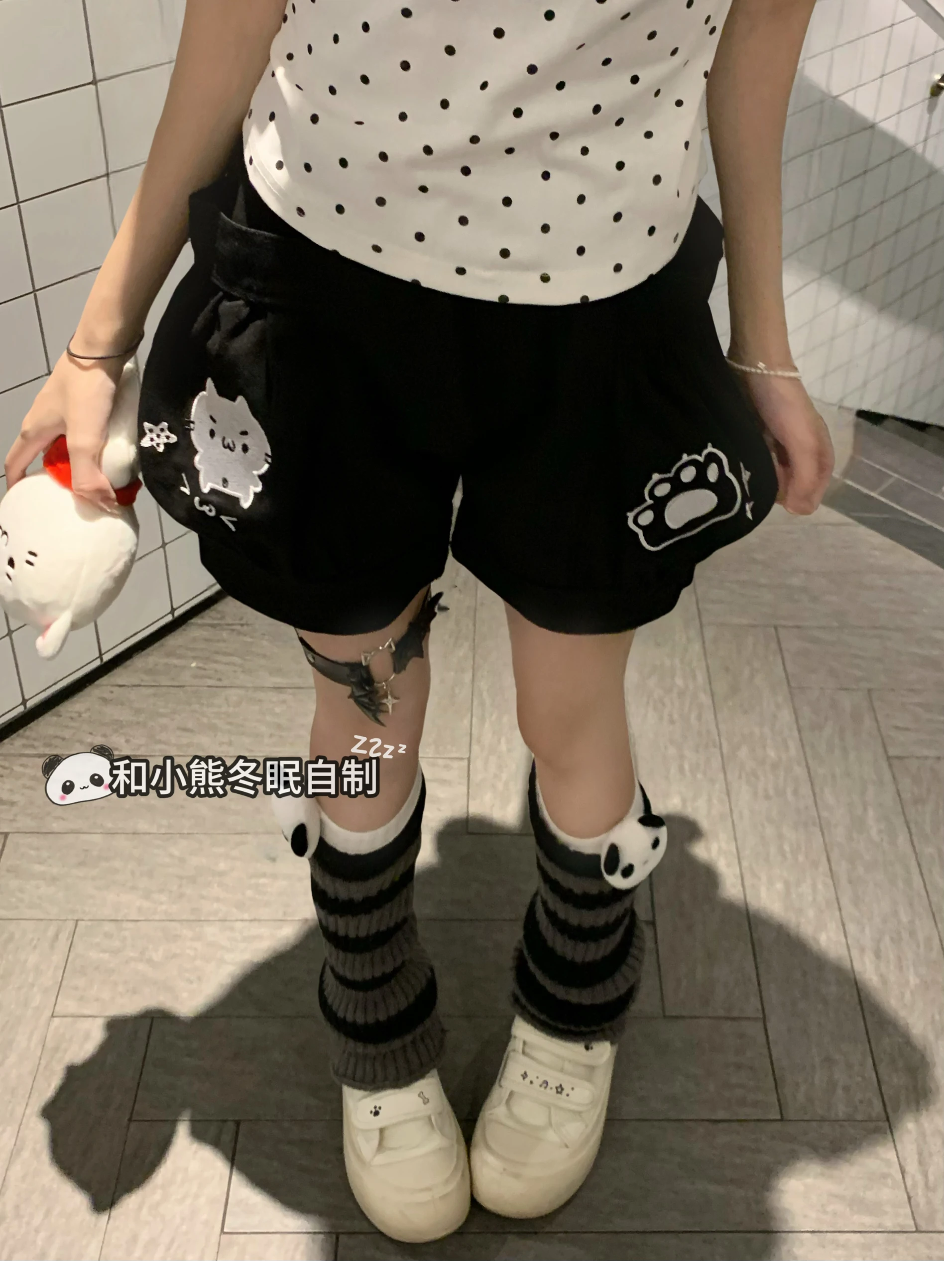 Kawaii Cat Print Shorts Women 2025 Summer Harajuku Loose Elastic Waist Shorts with Pockets Cartoon Paw Embroidery Korean Style