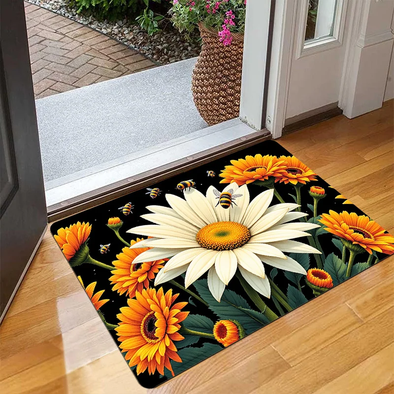 Realistic White Yellow Daisy Doormat Black Background Botanical Print Non Slip Entry Rug For Entryway And Bold Home Decor