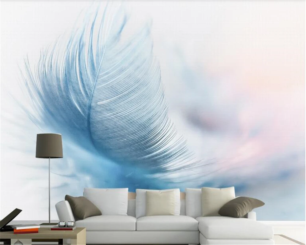 Customized products fashion retro modern minimalist aesthetic blue feather wallpaper TV background wall 3d bedroom restaurant