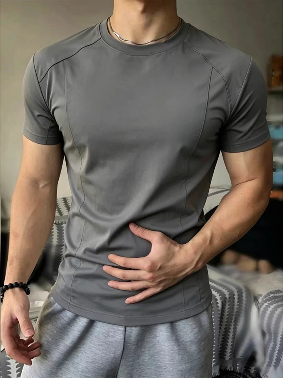 Grey Deconstructed Shoulder Short Sleeve Men's Summer Thin Fitness Sport Cool Quick Dry T-Shirt Waist Training Half Sleeve