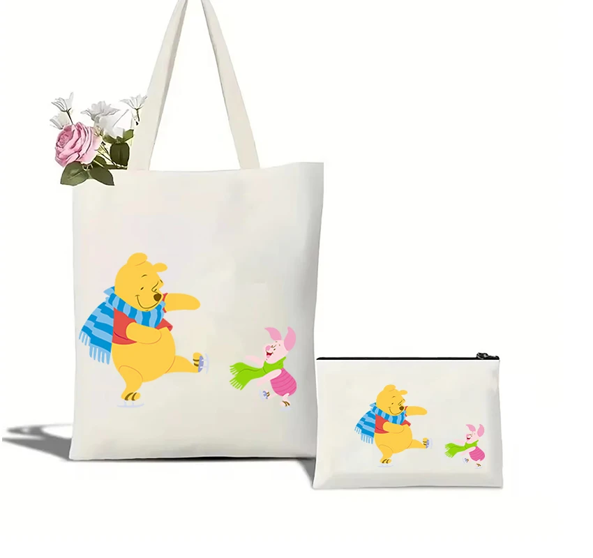 Disney Cartoon Anime Piglet and Winnie The Pooh Playing Priting Tote Bag Shopping Bags Lightweight Shoulder Handbag Eco Handbags