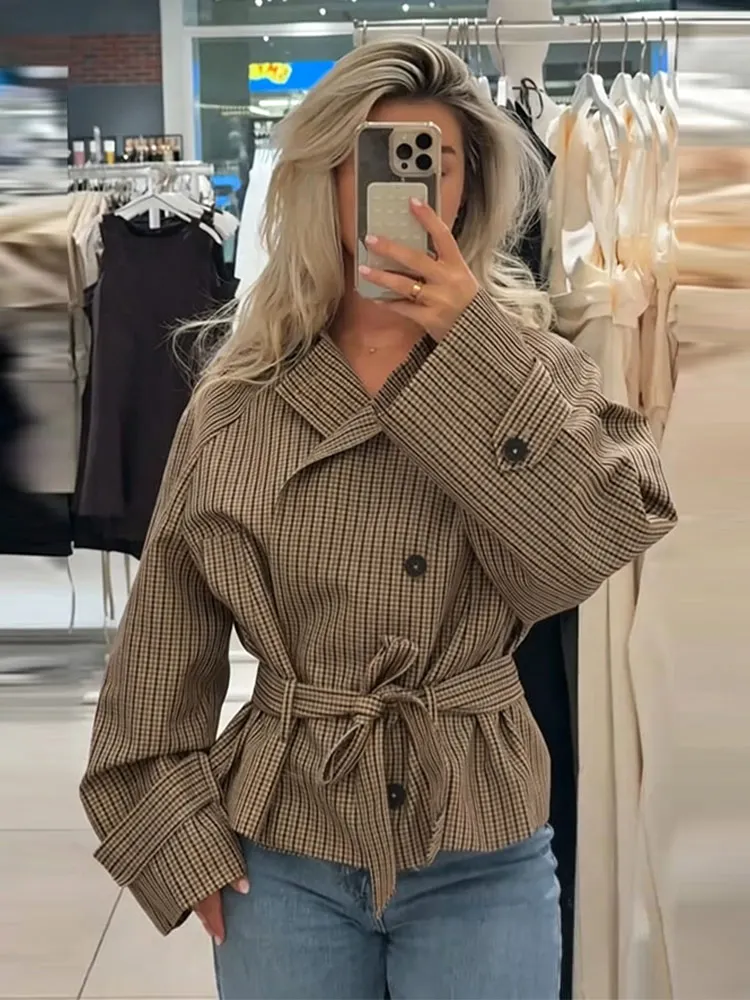 Plaid Windbreaker Grid Jacket Lapel Collar Double Breasted Trench Woman Coat Waist Tie Belt Long Sleeve Short Top Casual Clothes