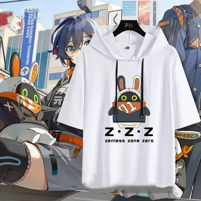

Zenless Zone Zero Game Merchandise Hooded Short-Sleeve T-Shirt, Robot Bumbel And Lingzhe Style, Unisex Anime T-Shirt
