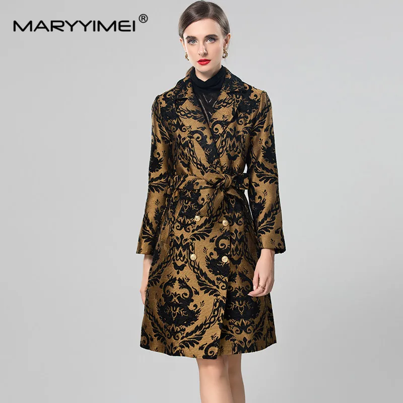 MARYYIMEI Fashion Designer Autumn and Winter Women's Coat Turn-Down Collar Double Breasted Vintage Print Overcoat