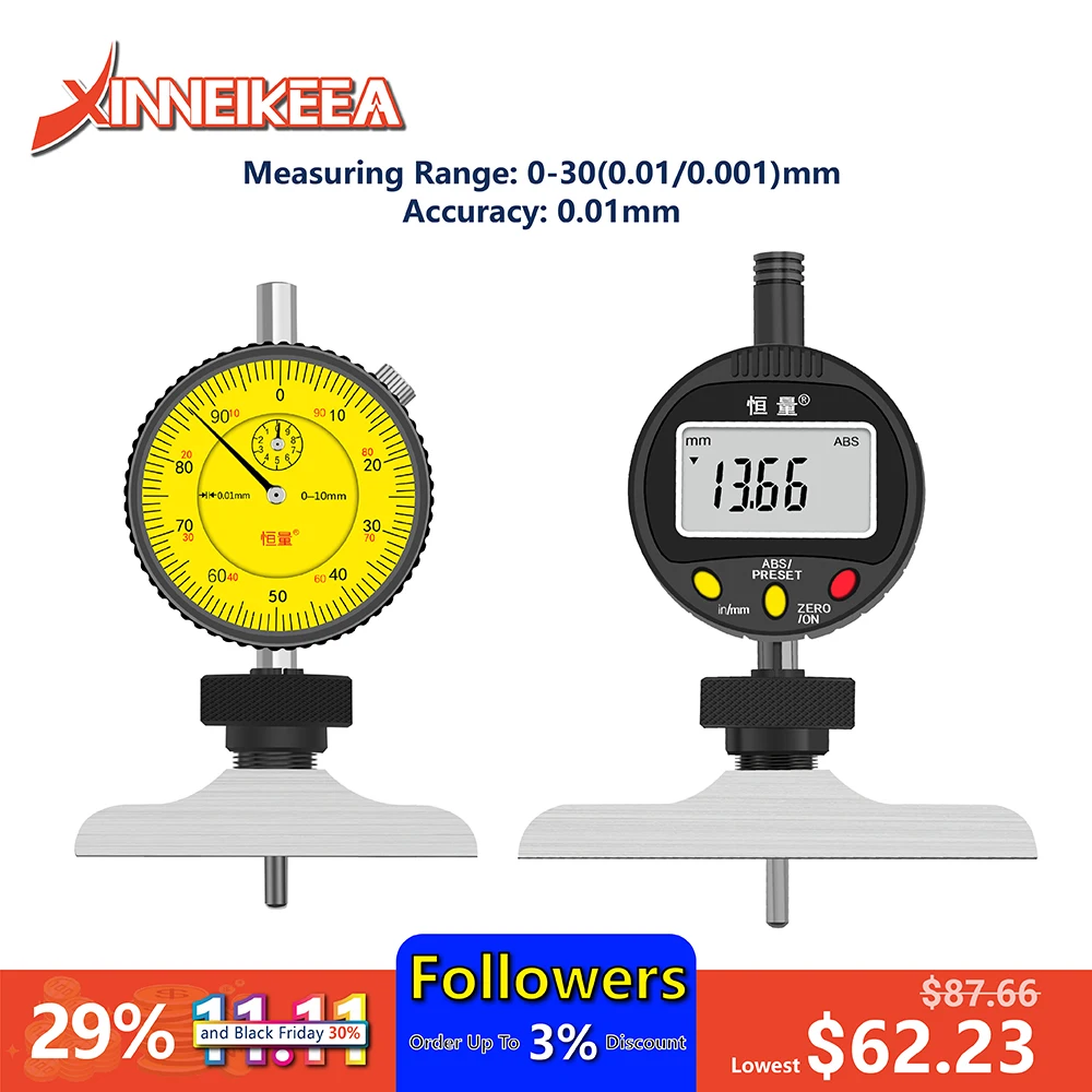 

0.001mm Electronic Dial Gauge Digital Display Depth Gauge 0-30mm Hole Depth Mechanical Pointer Type 0.01mm Dial Indicator