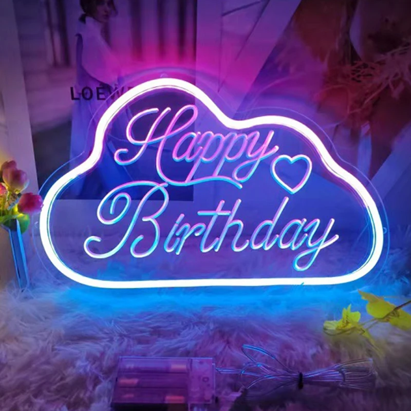 Happy Birthday Led Neon Lamp Cloud Moon Good Night Led Neon Light Welcome Hello Sunshine Acrylic Lights Dimming Room Decor Gift