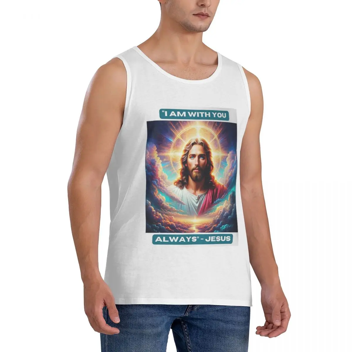 100% Cotton QuotI Am With You Always Jesus Biblical Sleeveless T-Shirt Men Workout Sports Clothing Tops Men's Crew Neck Vest