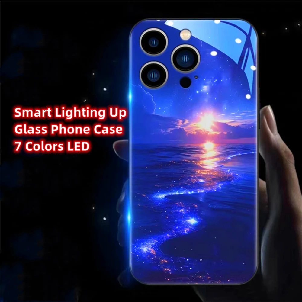 Sunrise Moon Sea Smart LED Light Glow Tempered Glass Phone Case For Samsung S24 S23 S22 S21 S20 FE Note 10 20 Plus Ultra A54 A14