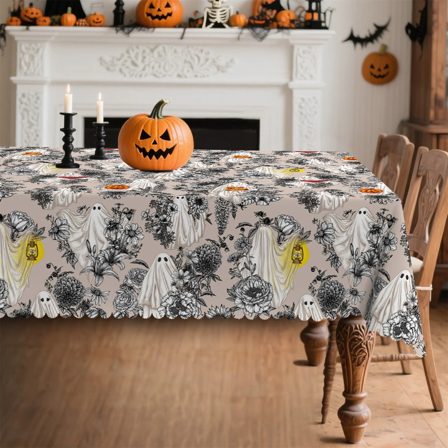 Ghost Hydrangea Halloween Tablecloth, 1 pack, suitable for indoor and outdoor furniture for festive occasionszyc