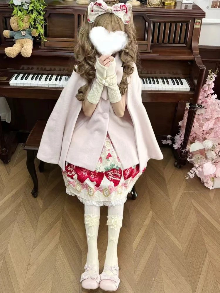 الشتاء اليابانية الحلو JK الوردي عباءة جاكيتات النساء عيد الميلاد Harajuku معاطف Kawaii واحدة الصدر الجمالية الصلبة القوس الملابس