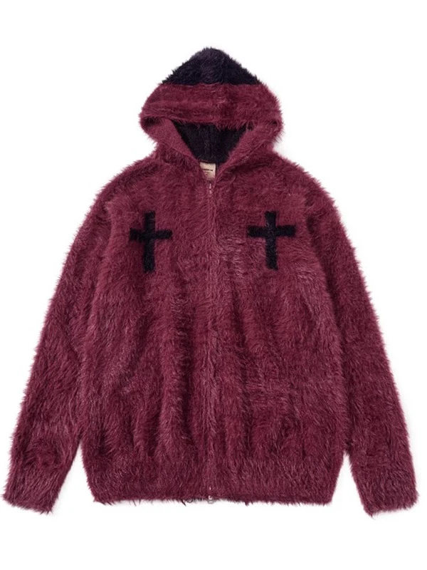 

American Retro Crossbody Plu Knitted Sweater Hooded Soft Lazy Open Cardigan Knitwear Coat for Couples Men Women Casual Wear