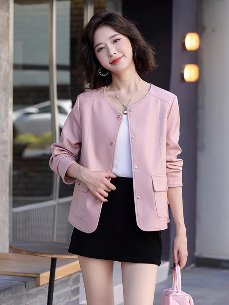 Giacca in Pelle da Donna Stile Biker Primavera 2025, Vestibilità Slim, Cappotto in Pelle di Pecora Bianca, Nuovo Arrivo da Haifeng