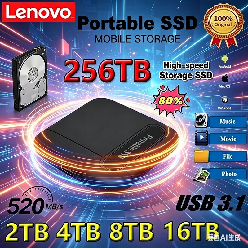 

Оригинальный внешний жесткий диск Lenovo для ноутбуков и ПК, 2 ТБ/4 ТБ, портативный SSD-накопитель, USB 3.1, твердотельное устройство хранения данных