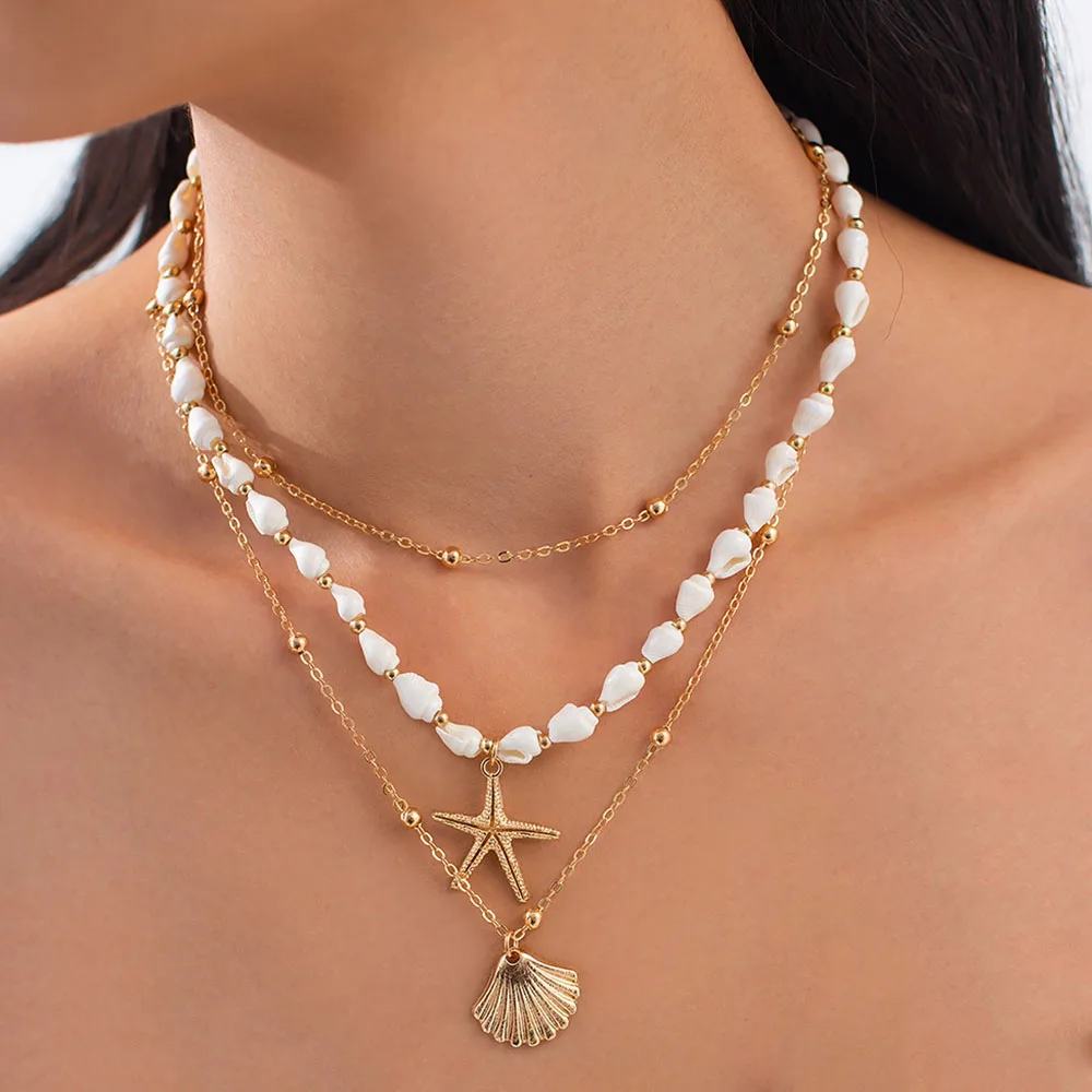 Fashion Multilayer Sarfish & Shell Pendant Necklace For Women Boho Vacation style Handmade Collarbone chain N0505