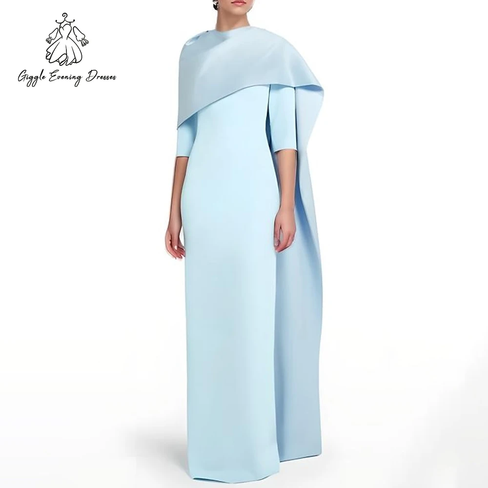 Robe de soirée arabe Simple bleu clair pour femmes, Cape châle, demi-manches, robes formelles en Satin, longueur au sol, robe de soirée de Gala personnalisée