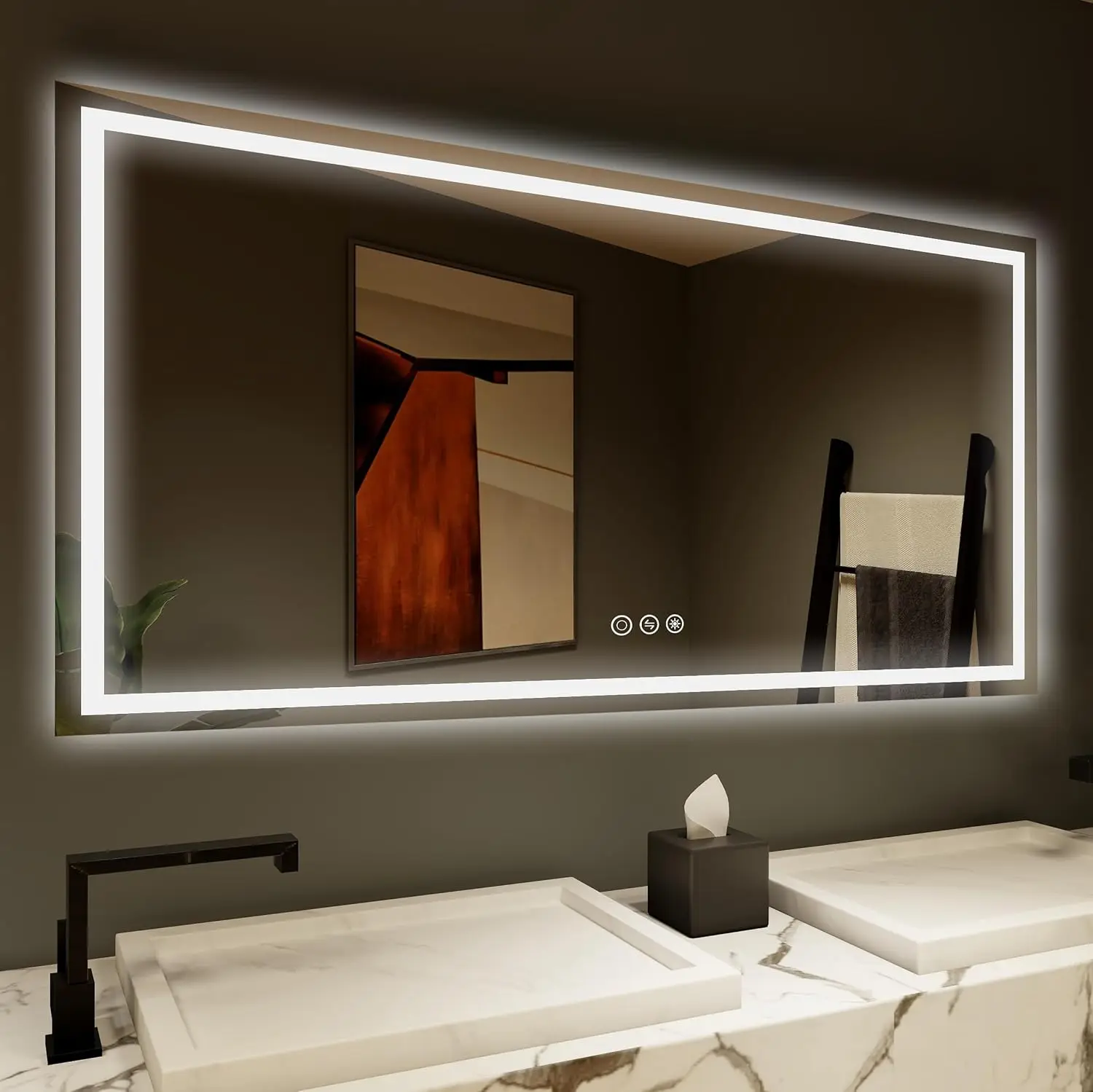 Espejo LED de 72 "x 30" para baño, espejos iluminados súper delgados de alto brillo con 3 colores, antivaho, atenuador y interruptor táctil