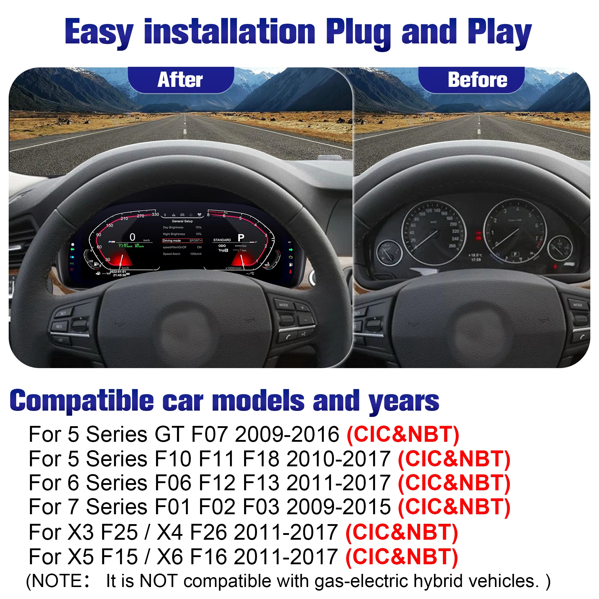 

12.3’’ Digital Instrument Cluster for BMW 5/6/7/X3/X4/X5/X6 F01 F07 F10 F15 F16 F18 F25 F26 speedometer dashboard, NO HUD