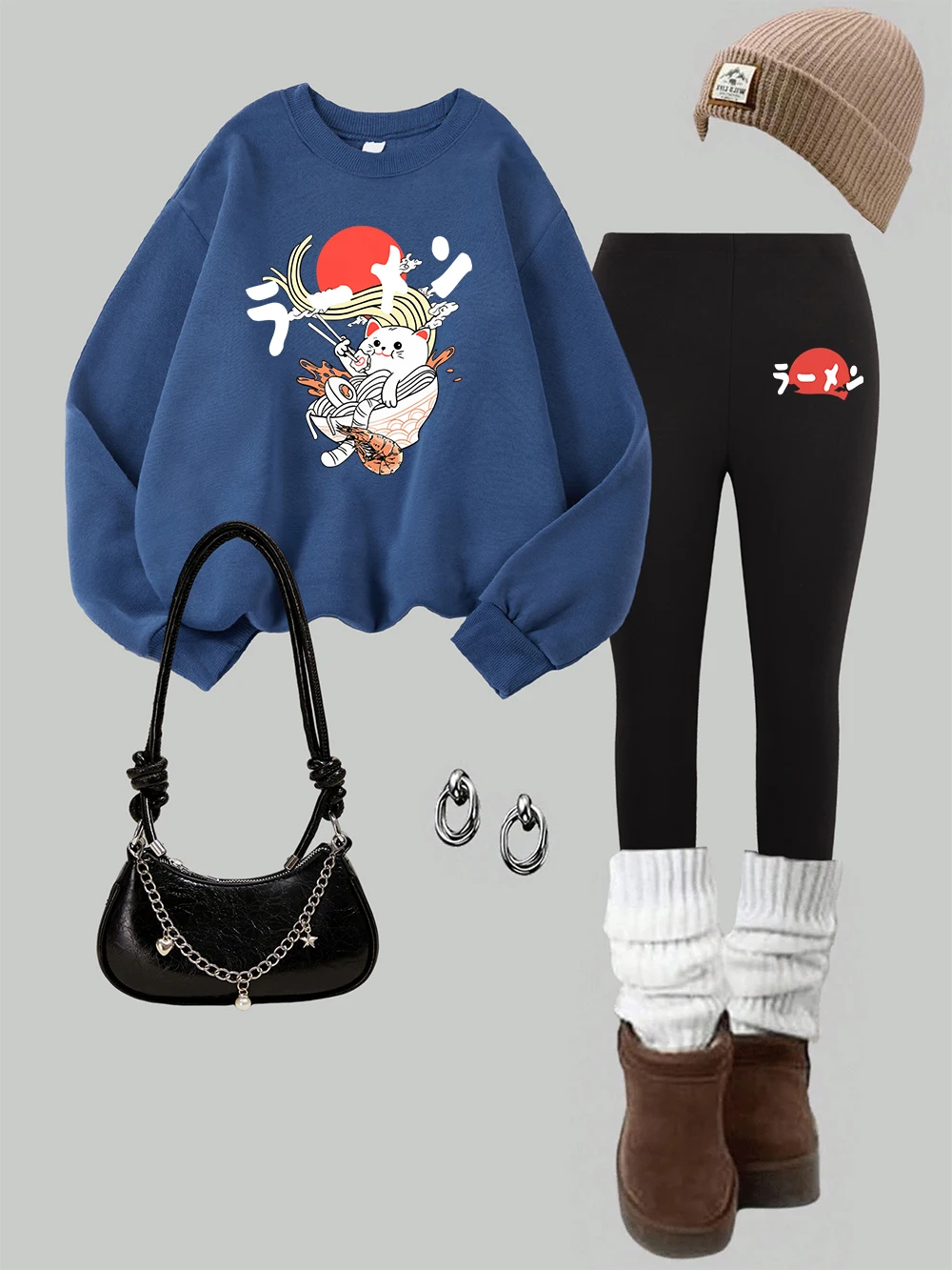 2-teiliges Damen-Sweatshirt mit japanischem Nudel-Katzen-Druck, Leggings-Set, Herbst-Fleece-Thermo-Hoodies, Hosen, lässige Damenkleidung