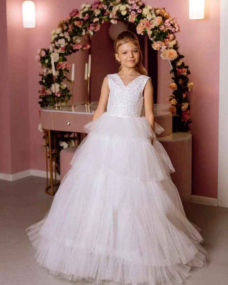Flower Girl Dress Wedding Dress Girl Satin Tulle with Train Sparkle Kids Ivory Toddler Dress Princess Girls Party Ball Gown