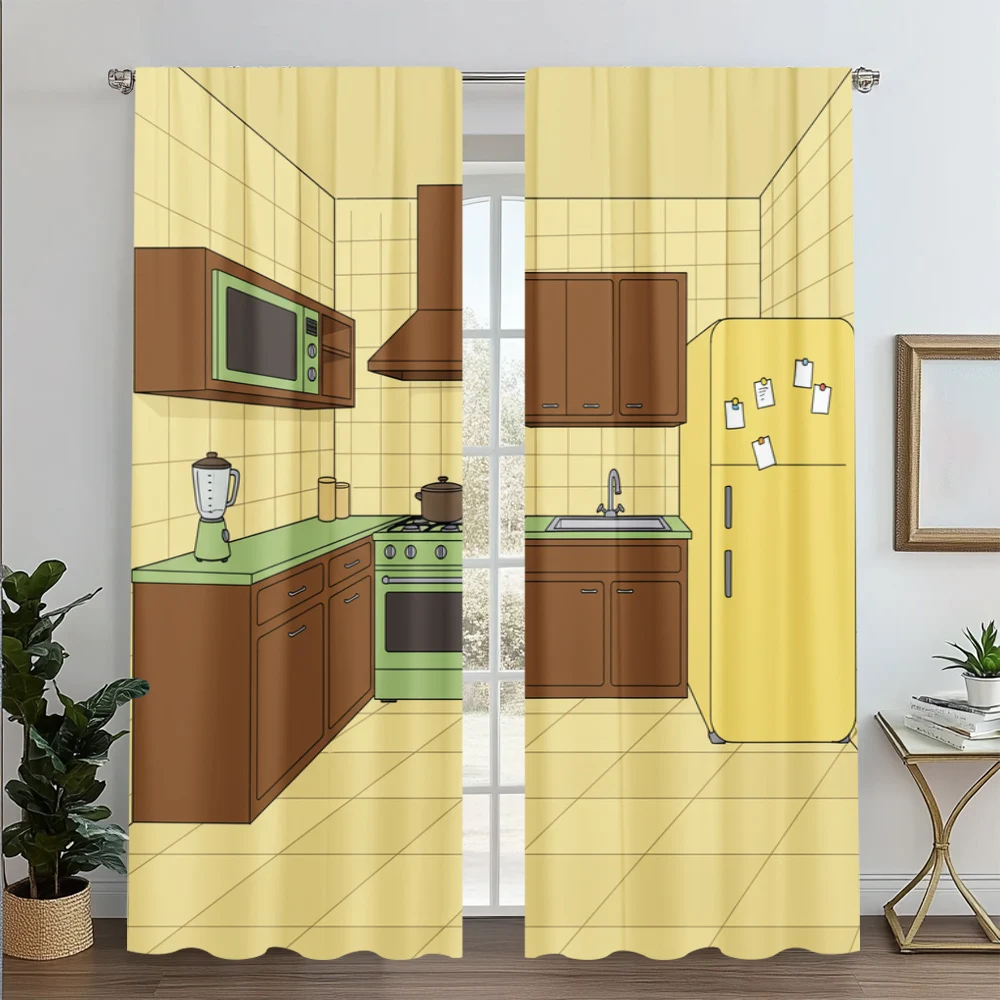 

2pc, Window Curtains Cartoon Kitchen Machine Washable Polyester,Without Electricity Family Party Use for Indoor Celebrations,