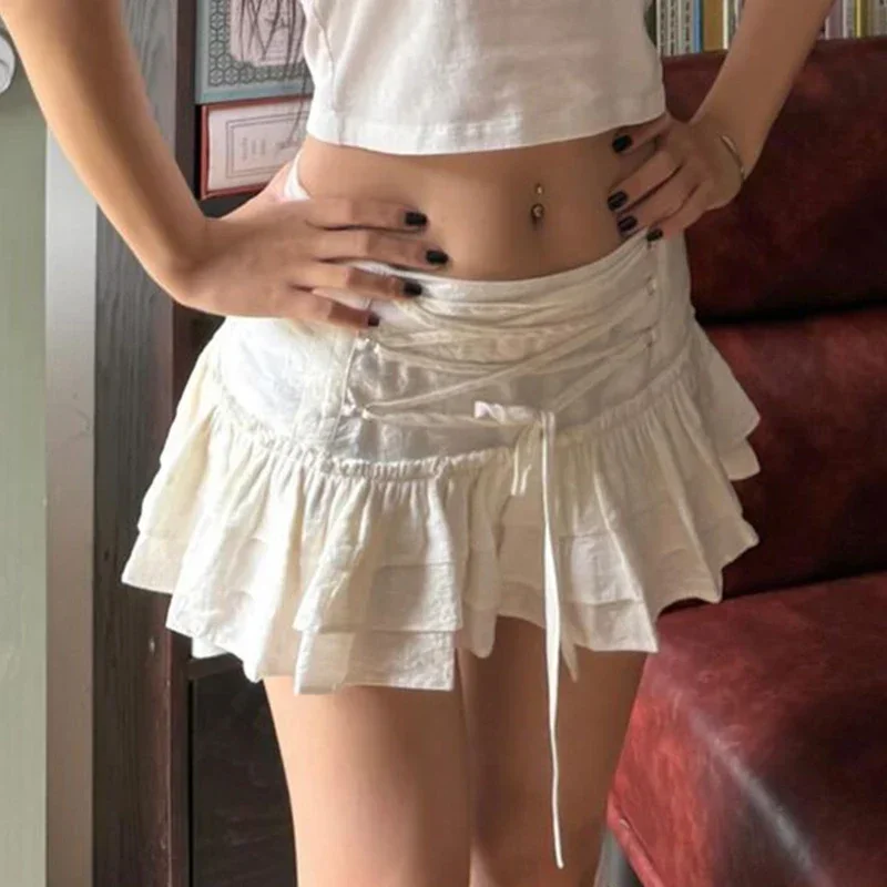 French Style Criss-cross  Lace-up High Waist Mini Skirts White Holiday Casual Kawaii A-line Skirt Sweet Bottoms Japanese