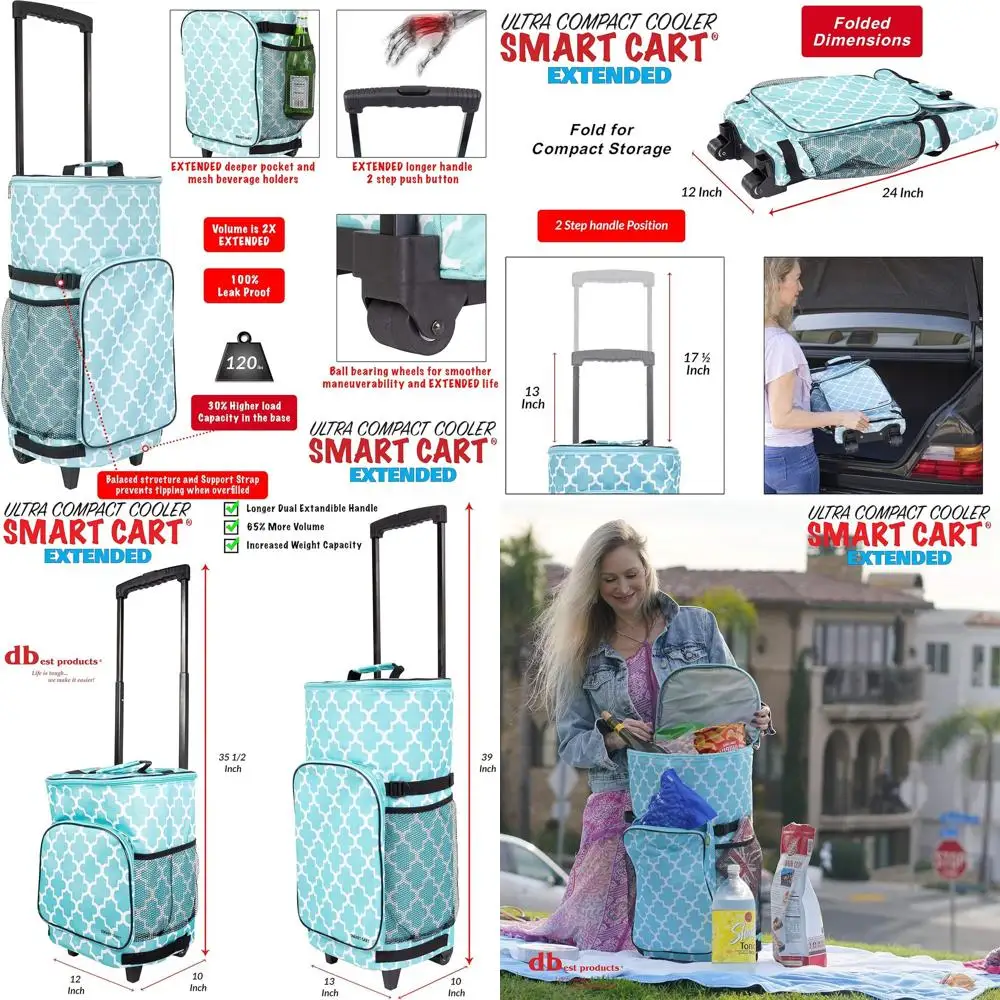 

Ultra Compact Smart Cart Cooler Extended Insulated Collapsible Rolling Tailgate BBQ Beach Summer Moroccan Tile