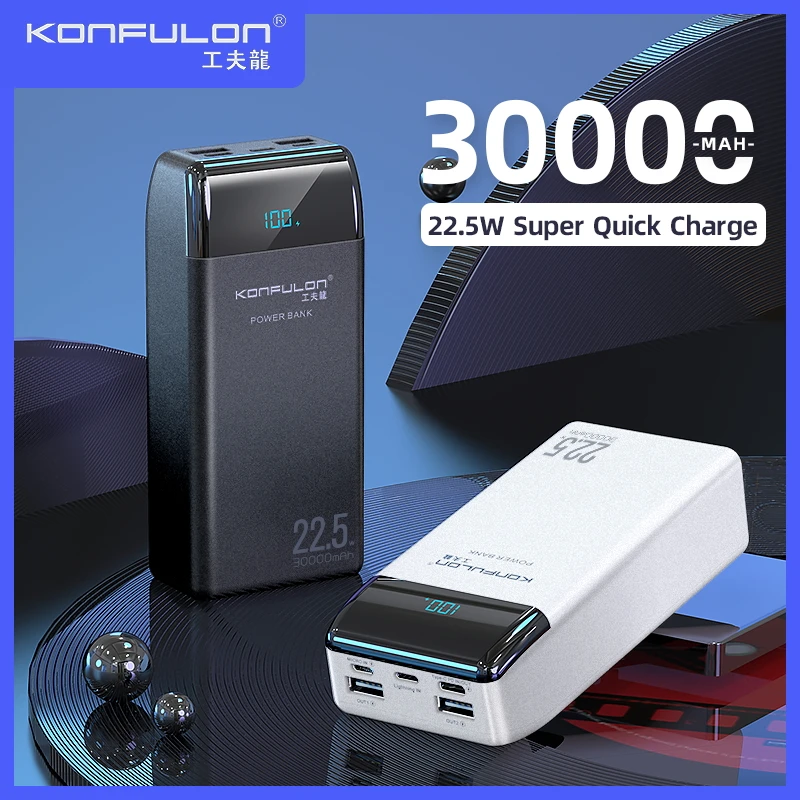 KONFULON 30000mAh Portable External Battery Charger 22.5W PD QC3.0 Fast Charge Powerbank LCD Display With 5Port For All Phones