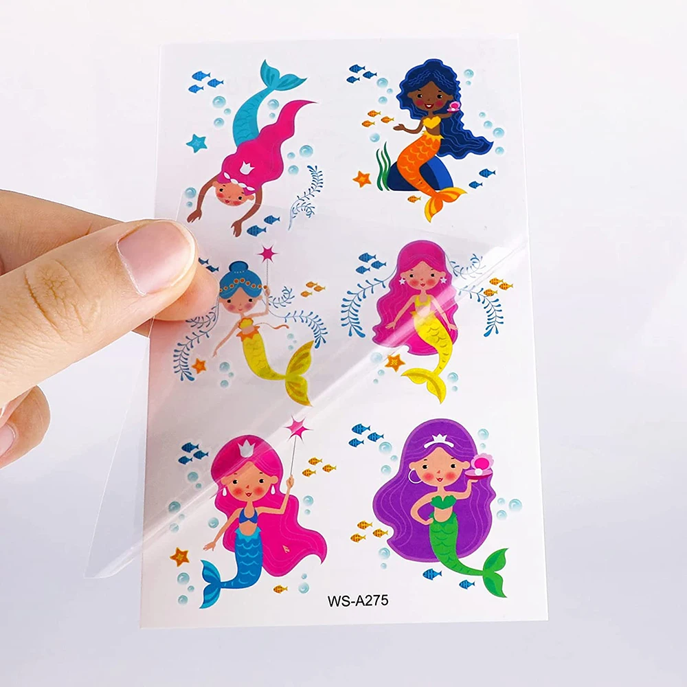 Little Mermaid Tattoo Adesivos para crianças, Cute Cartoon Mermaid, Princess Birthday Party Decor para crianças, rosto, braço, corpo, favores de maquiagem