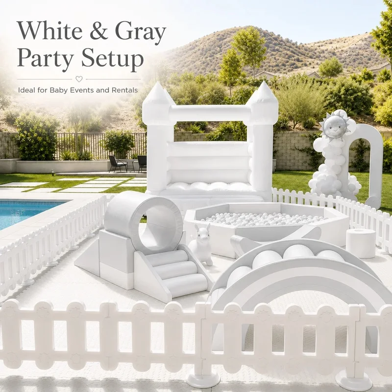 Soft Play Equipment White and Gray Custom Toddler Playground Set with Bounce House for  Birthday Event Party Rental Play Set
