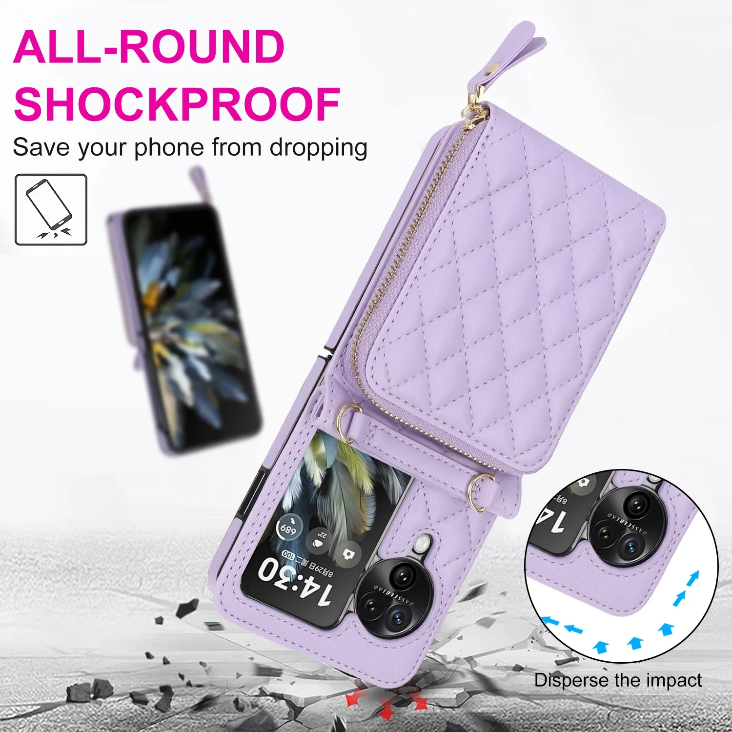 Luxury Crossbody Zipper Wallet with Card Holder Phone Case for OPPO Find N2 N3 Flip with Protection Shockproof Leather Cover