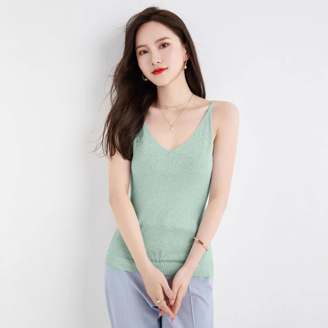 

Женский новый базовый однотонный тонкий летний топ с v-образным вырезом, корейский женский вязаный облегающий топ без рукавов в рубчик, модный универсальный топ D780