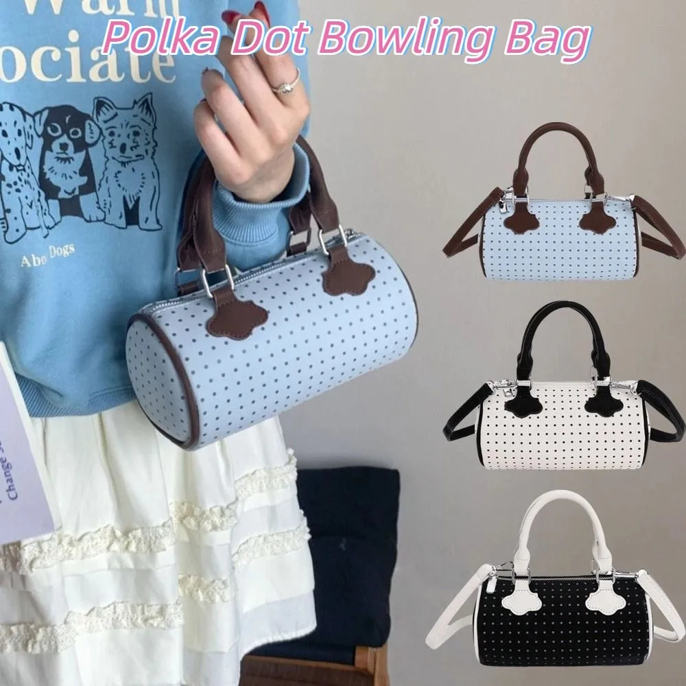 

Vintage French Style Polka Dot Bowling Bag Large Capacity PU Leather Women Handbags Elegant Casual Boston Shoulder Bag Daily