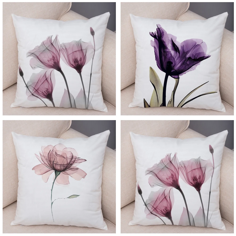 Nordic Style Transparent Flower Cushion Cover  Decor Cartoon Plant Floral Pillowcase Soft Plush Pillow Case for Sofa Home Car