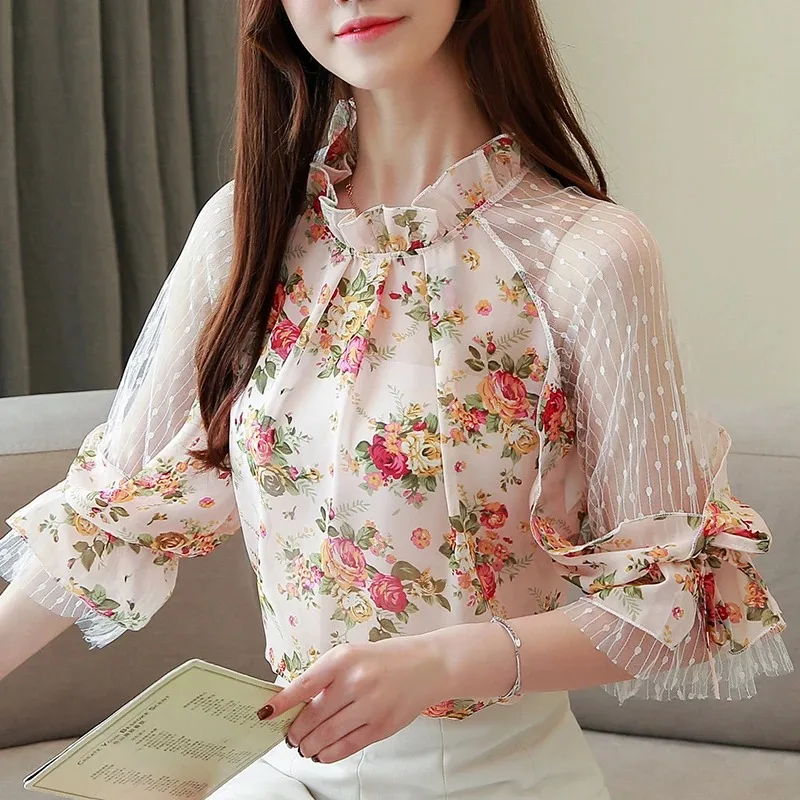 Sweet Printed Lace Chiffon Shirt Summer Hollow Flower Floral Clothes Elegant Women Tops and Blouses Blusas Mujer De Moda 4068 50