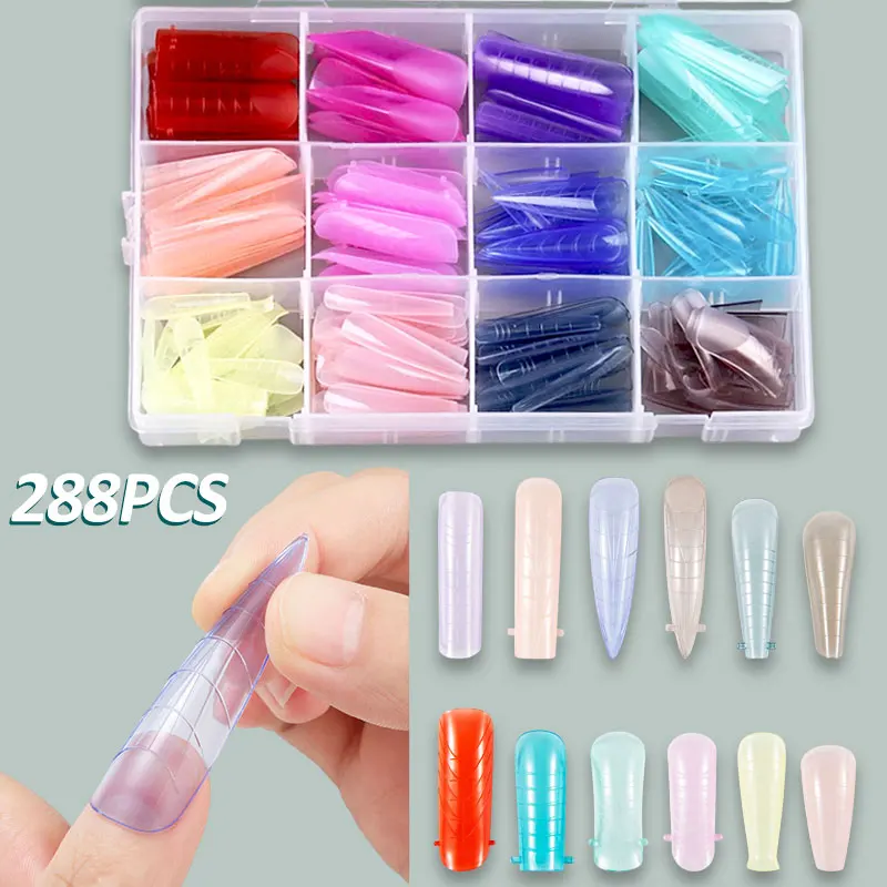 

288/144pcs Colorful Dual Form Nail Molds Reusable Multiple Nail Forms for Gel Extensions Acrylic False Nail Tips DIY Tool Kit
