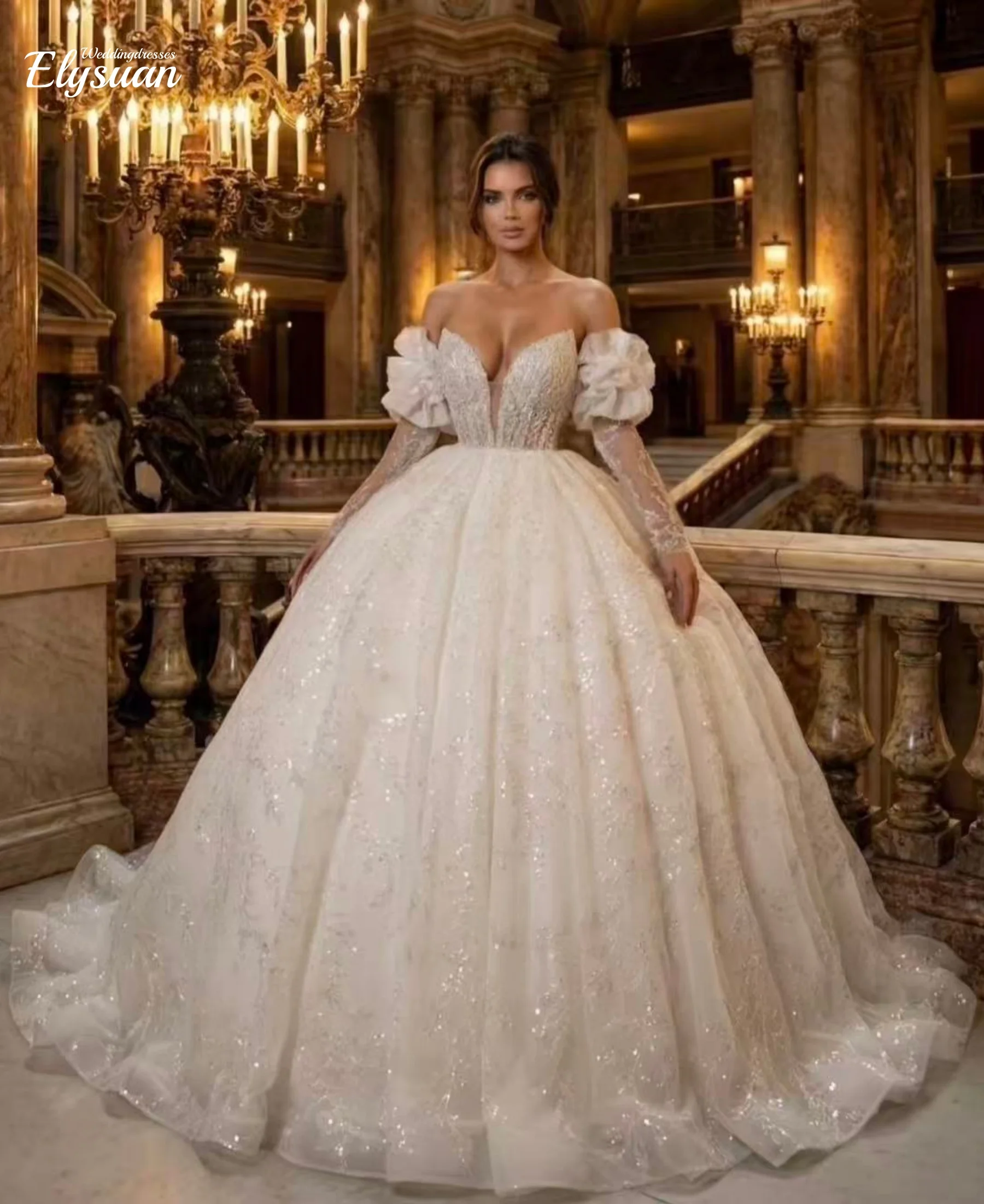 

Customized luxury wedding dress V-neck long-sleeved Ball robe de mariee wedding dress vestidos de novia