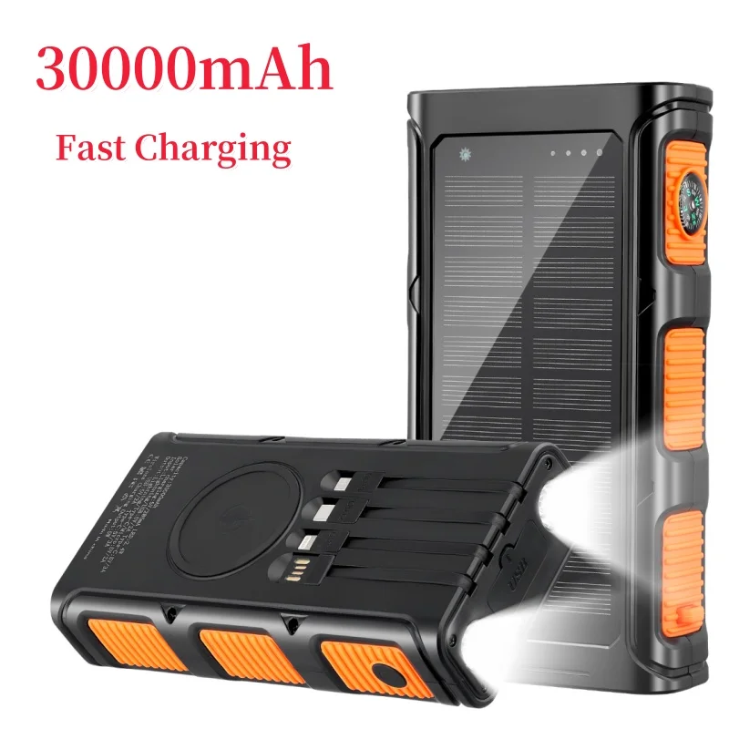 Banque d'énergie solaire 30000mAh, chargeur de batterie externe Portable, lumière forte LDE pour tous les Smartphones