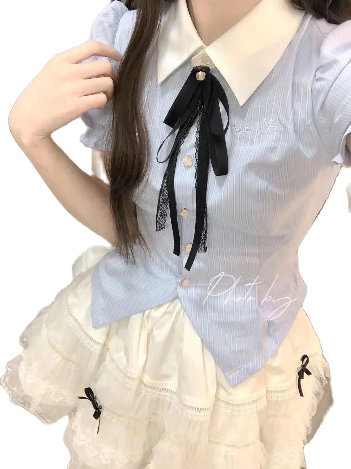 Japan College Style Vintage Two Piece Set Women Bow Sweet Kawaii Mini Skirts Suit Female Puff Sleeve Blouse + Cute Cake Skirt