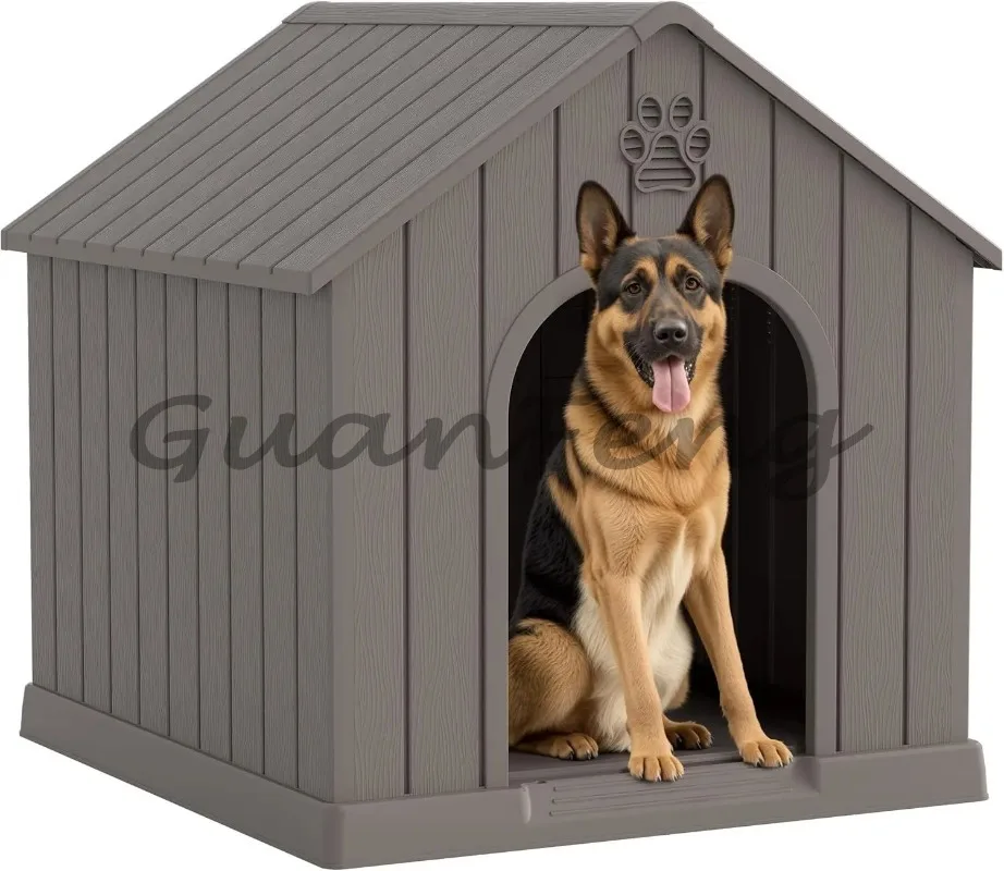 Sturdy Waterproof Plastic Dog House, Indoor Outdoor Doghouse with Air Vent for Medium Large Dogs