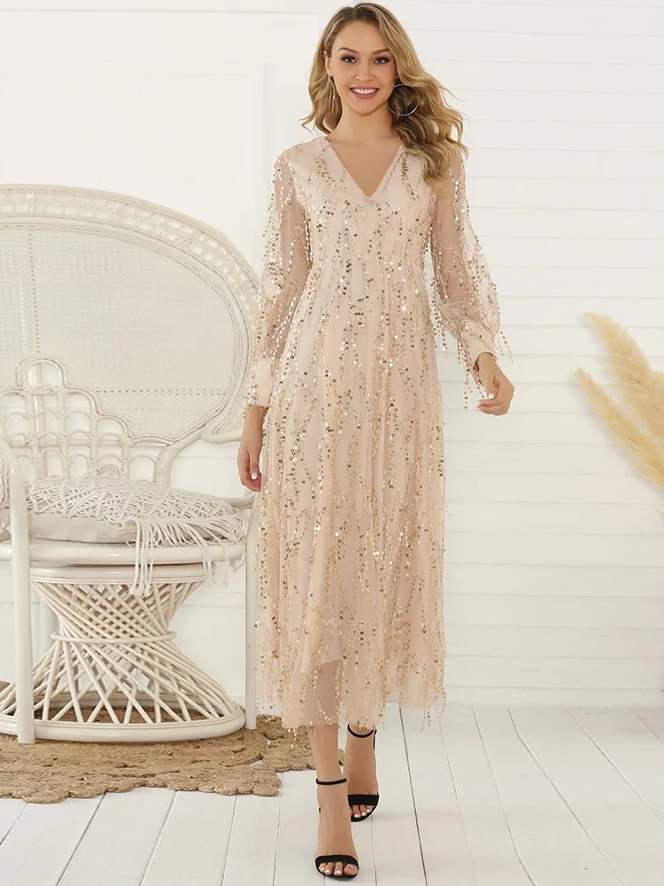 Vestido de noite feminino lantejoulas franja embelezado decote em v manga longa linha a plissado dupla camada cintura magra vestido halter