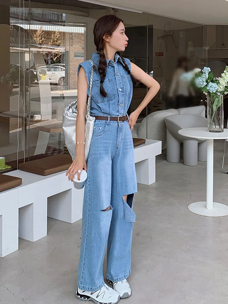 2024 Summer Women Vintage Distressed Sleeveless Denim Jumpsuits with Belt Y2K Streetwear Korean Fashion Jeans Bodysuits Overalls