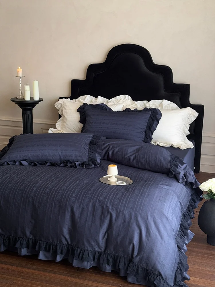

Pure Cotton Floral Embroidery Bedding Set 4pcs Princess Style Forest System Lace Trim Bed Sheet Skin-friendly Bedding