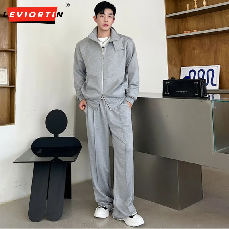 Fashion Men Streetwear Solid Loose Stand Neck Long Sleeve Double Head Zipper Coats Korean Stylish Casual Straight Suits Pants