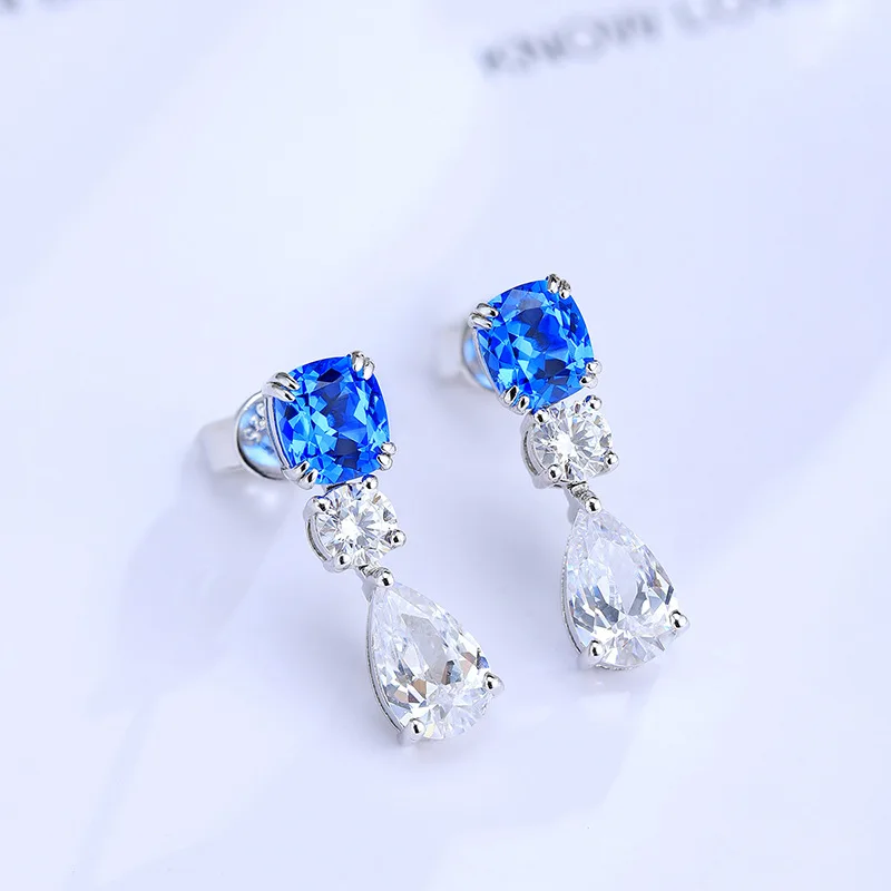 Elegant Long Drop Style Lab Grown Cobalt Spinel Cushion Shape And White Pear Gemstone Silver Earring For Anniversary Party Gift