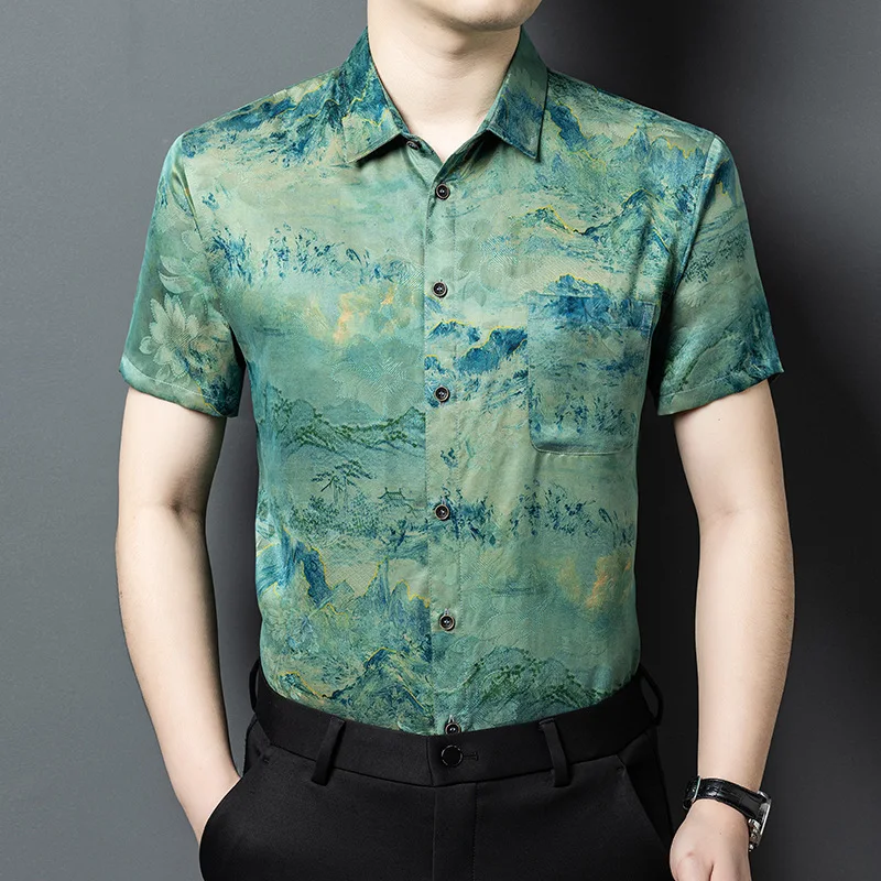 

High Quality Real Silk Men's Summer New Xiangyun Yarn Short-Sleeved Shirt Camouflage Casual Thin Youth Fashion