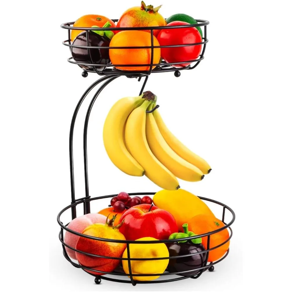 

2-Tier Countertop Fruit Vegetables Basket Bowl Storage with Banana Hanger, Black, 64 Ounces