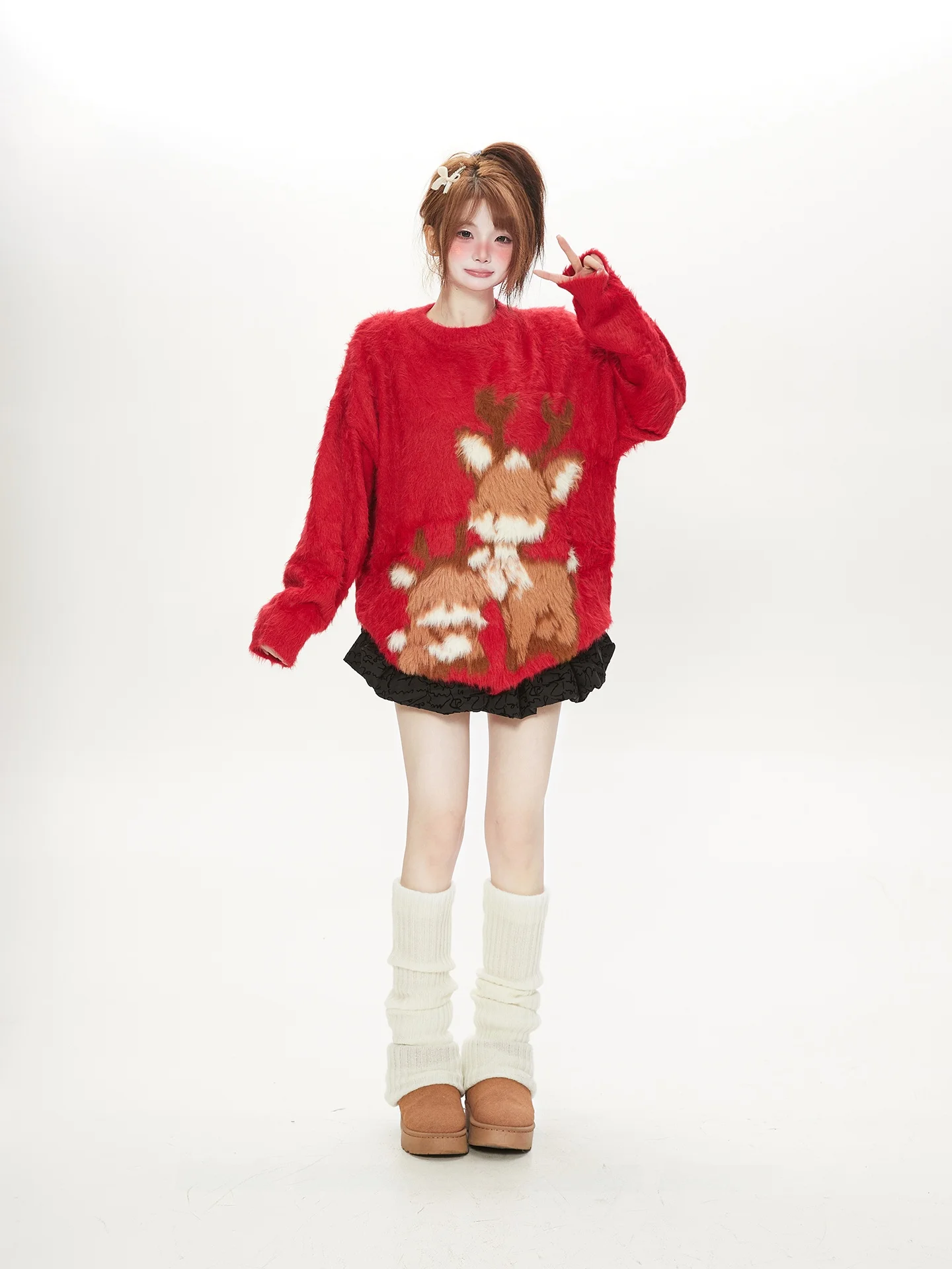 

Cisas Theme Deer Pattern Loose Fit Soft Cozy Red Knitted Sweater Women's Autumn Winter Warm Top Casual Commute Sle